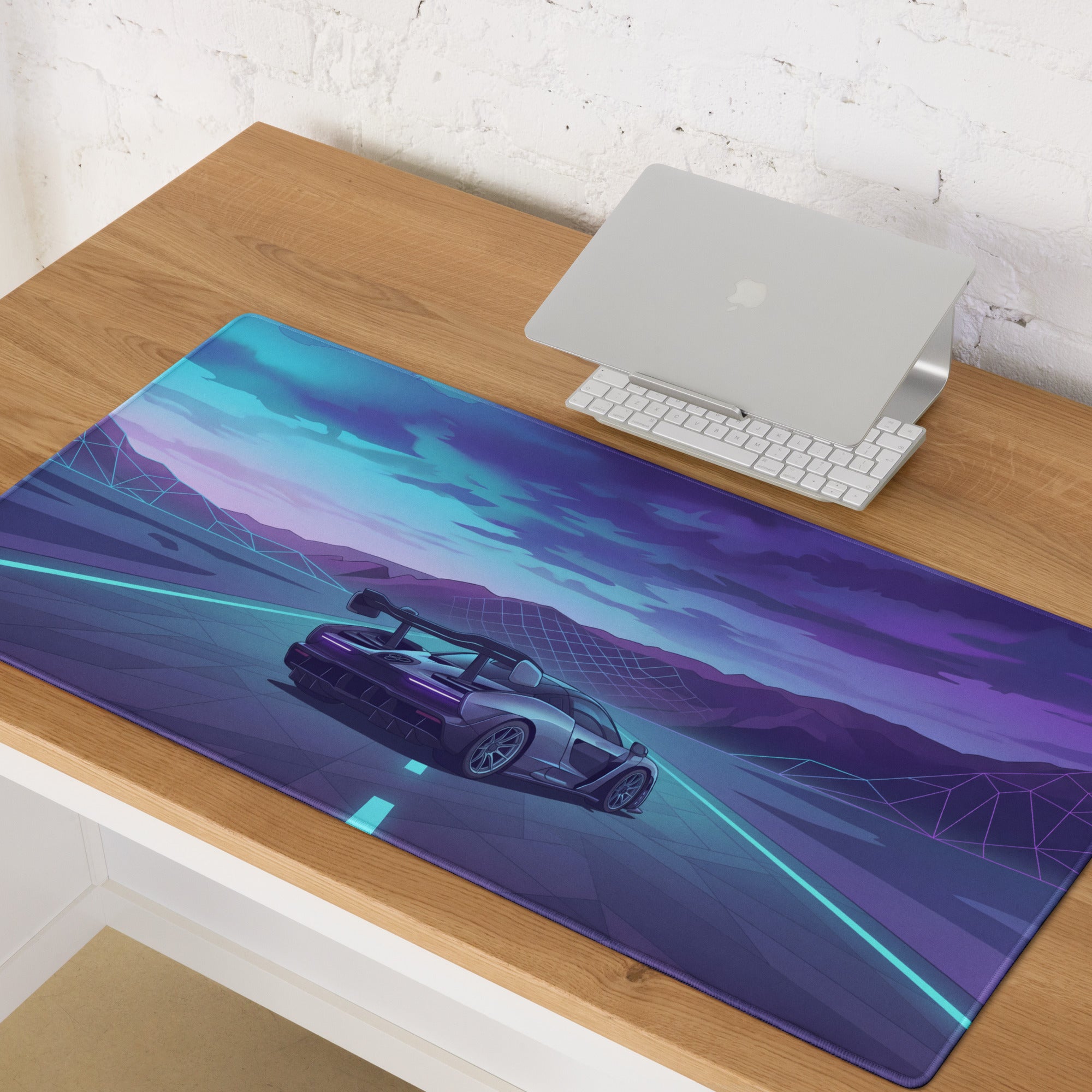 McLaren Senna Inspired Silver Blue Vaporwave Gaming Mouse Pad – Neon Mountain Highway Desk Mat with Retro Futuristic Motorsport Art
