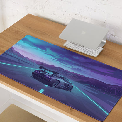 McLaren Senna Inspired Silver Blue Vaporwave Gaming Mouse Pad – Neon Mountain Highway Desk Mat with Retro Futuristic Motorsport Art