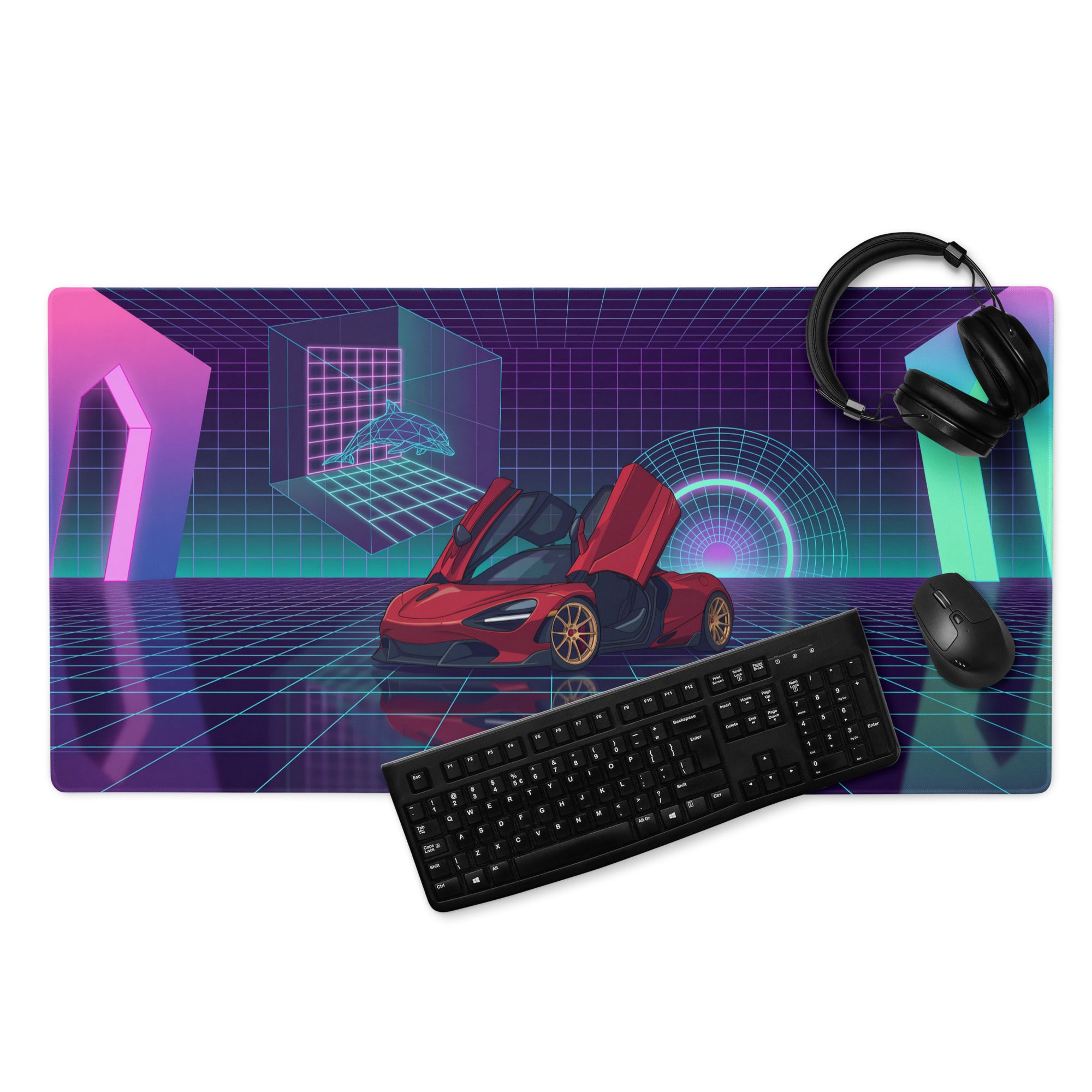 McLaren 765LT Spider Inspired Red Cyan Vaporwave Gaming Mouse Pad – Neon Grid Supercar Desk Mat with Retro Futuristic Synthwave Arcade Art