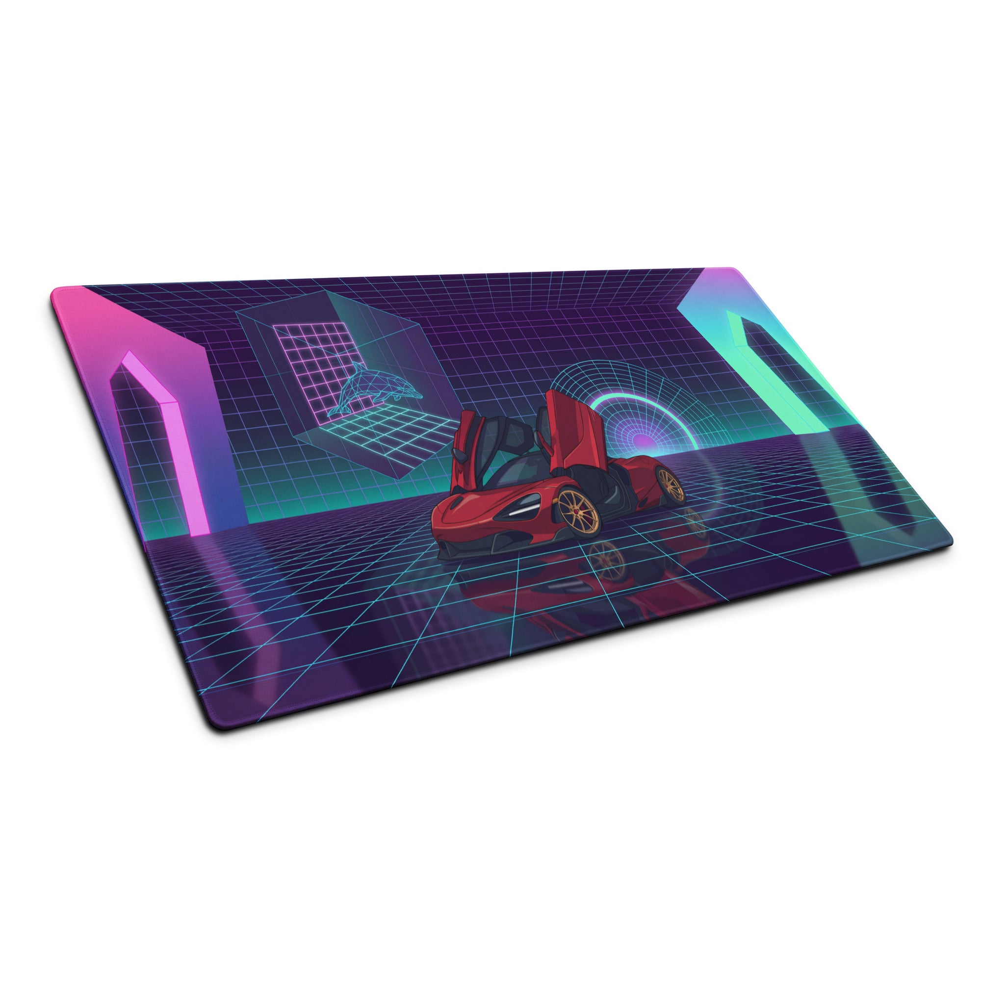 McLaren 765LT Spider Inspired Red Cyan Vaporwave Gaming Mouse Pad – Neon Grid Supercar Desk Mat with Retro Futuristic Synthwave Arcade Art