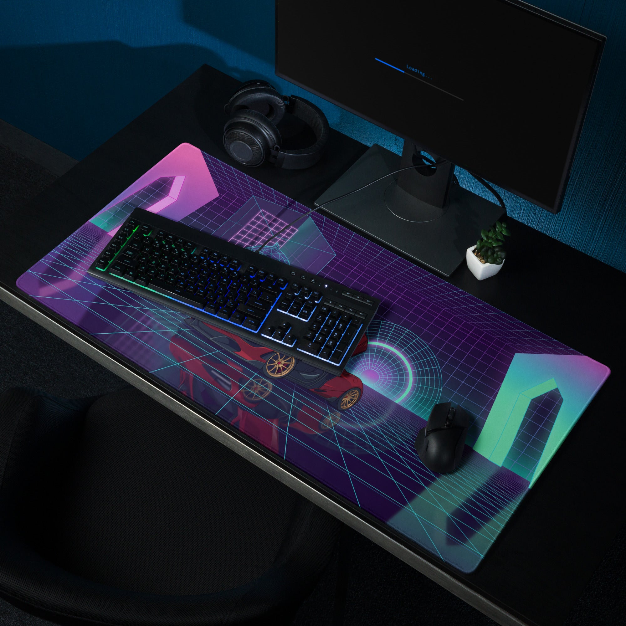 McLaren 765LT Spider Inspired Red Cyan Vaporwave Gaming Mouse Pad – Neon Grid Supercar Desk Mat with Retro Futuristic Synthwave Arcade Art