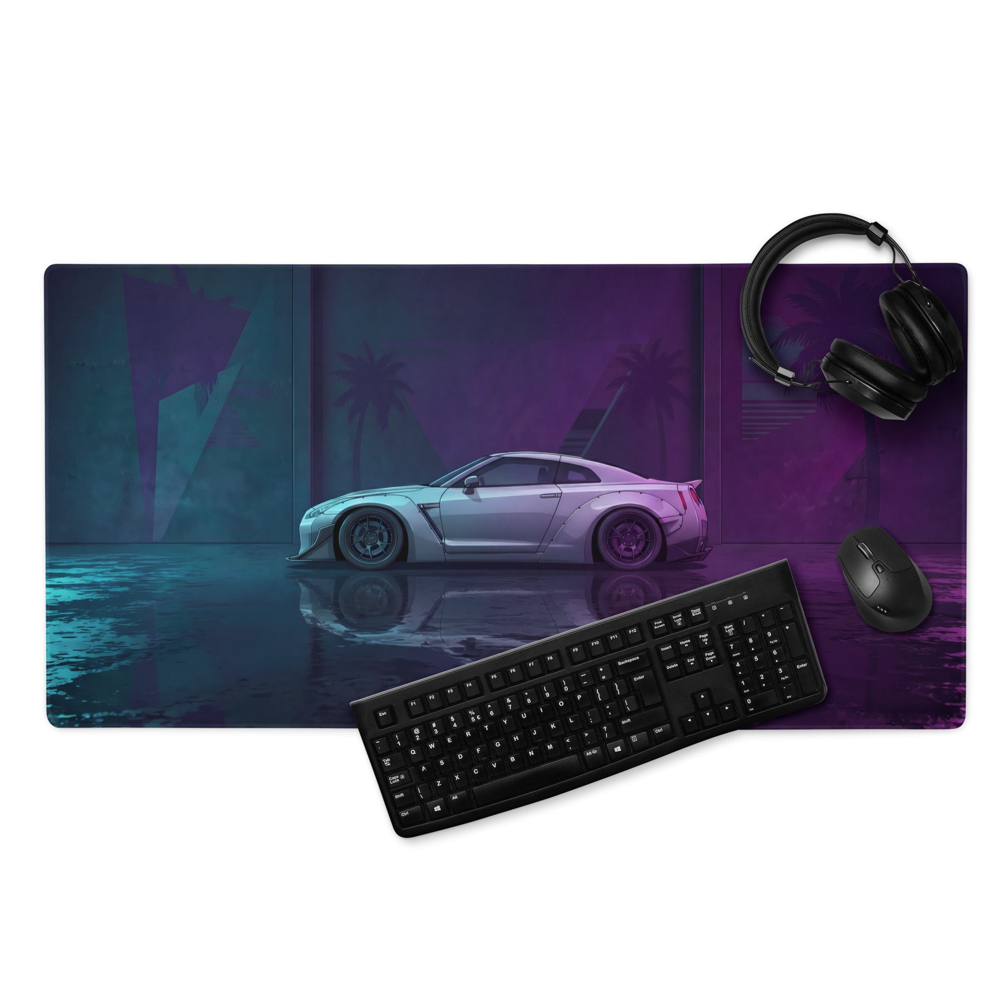 Nissan GT-R R35 Inspired Silver Purple Vaporwave Gaming Mouse Pad – Neon Cyan Magenta Garage Desk Mat with Wet Reflections and Retro Synthwave Art