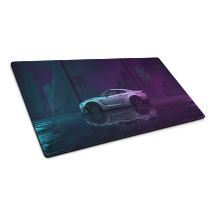 Nissan GT-R R35 Inspired Silver Purple Vaporwave Gaming Mouse Pad – Neon Cyan Magenta Garage Desk Mat with Wet Reflections and Retro Synthwave Art