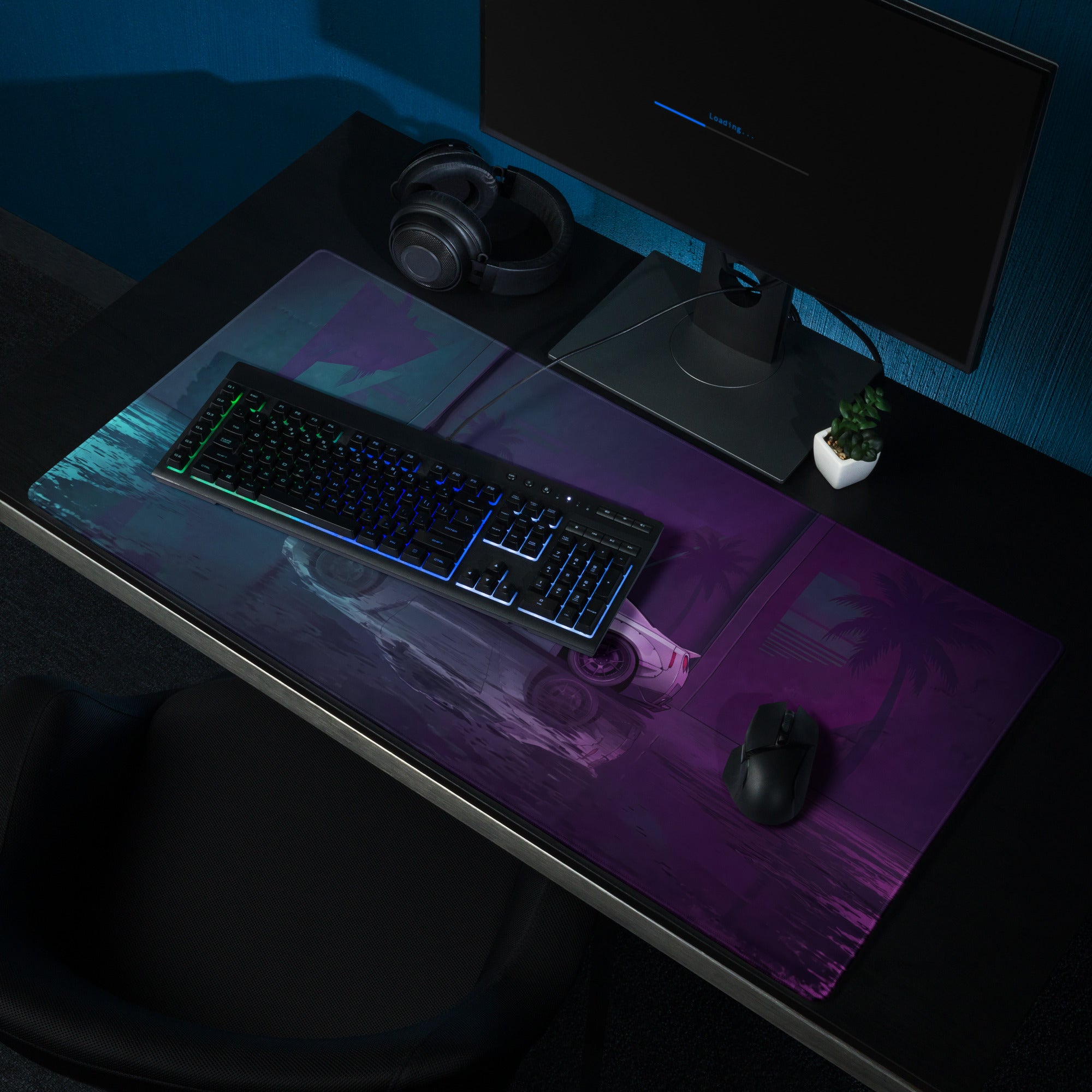 Nissan GT-R R35 Inspired Silver Purple Vaporwave Gaming Mouse Pad – Neon Cyan Magenta Garage Desk Mat with Wet Reflections and Retro Synthwave Art