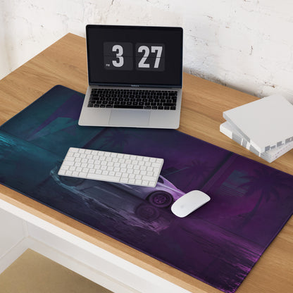 Nissan GT-R R35 Inspired Silver Purple Vaporwave Gaming Mouse Pad – Neon Cyan Magenta Garage Desk Mat with Wet Reflections and Retro Synthwave Art