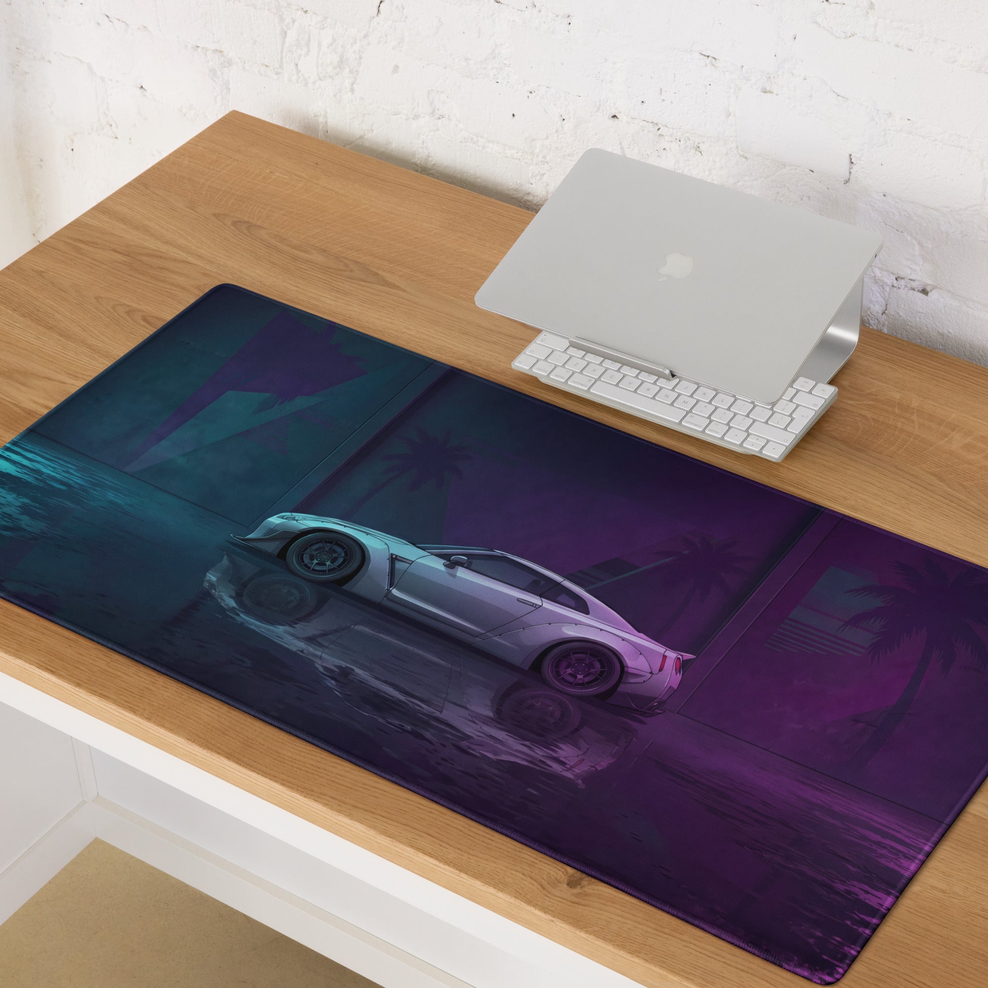 Nissan GT-R R35 Inspired Silver Purple Vaporwave Gaming Mouse Pad – Neon Cyan Magenta Garage Desk Mat with Wet Reflections and Retro Synthwave Art