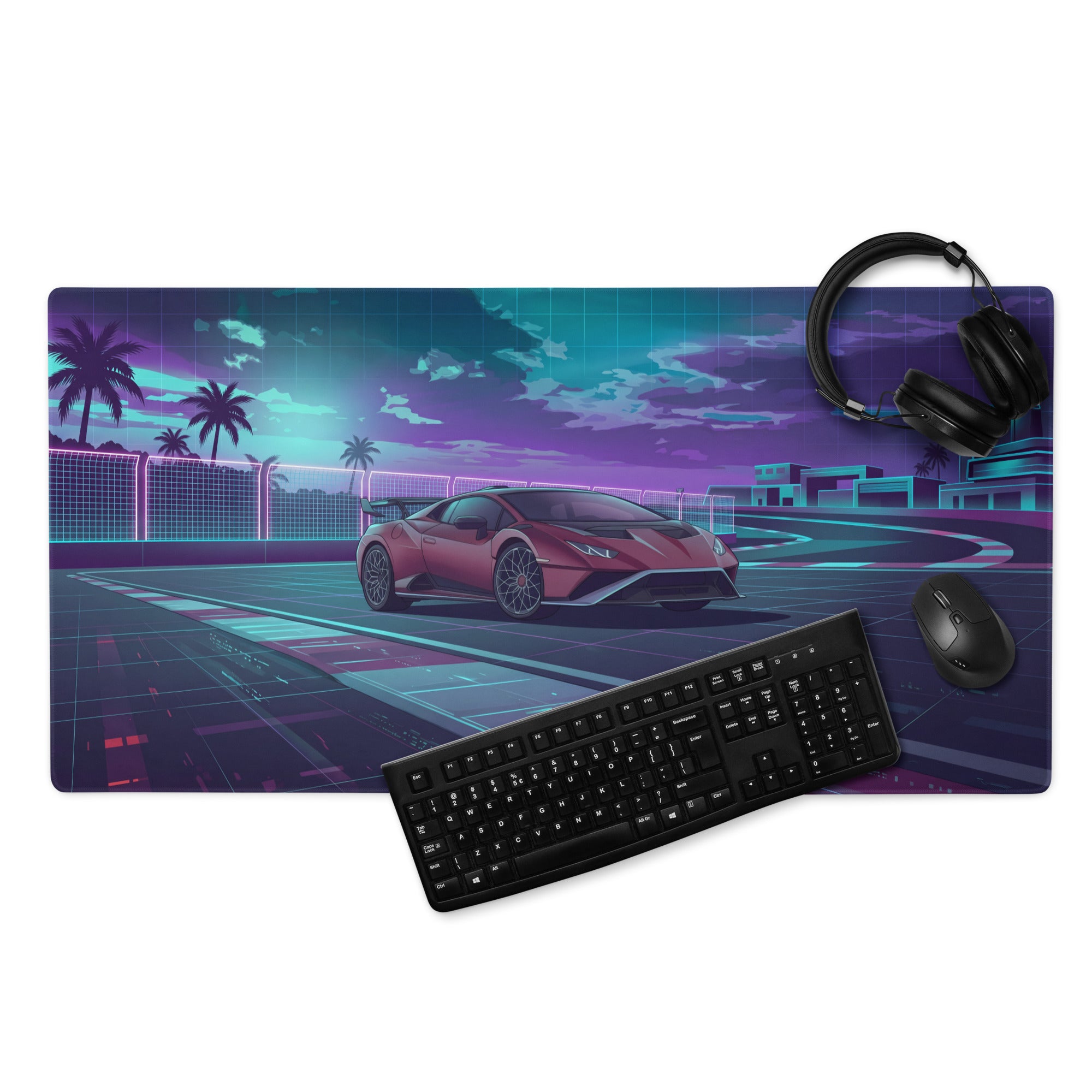 Lamborghini Huracán STO Inspired Red Purple Vaporwave Gaming Mouse Pad – Neon Futuristic Racetrack Desk Mat with Synthwave Palm Trees and Cyberpunk Art