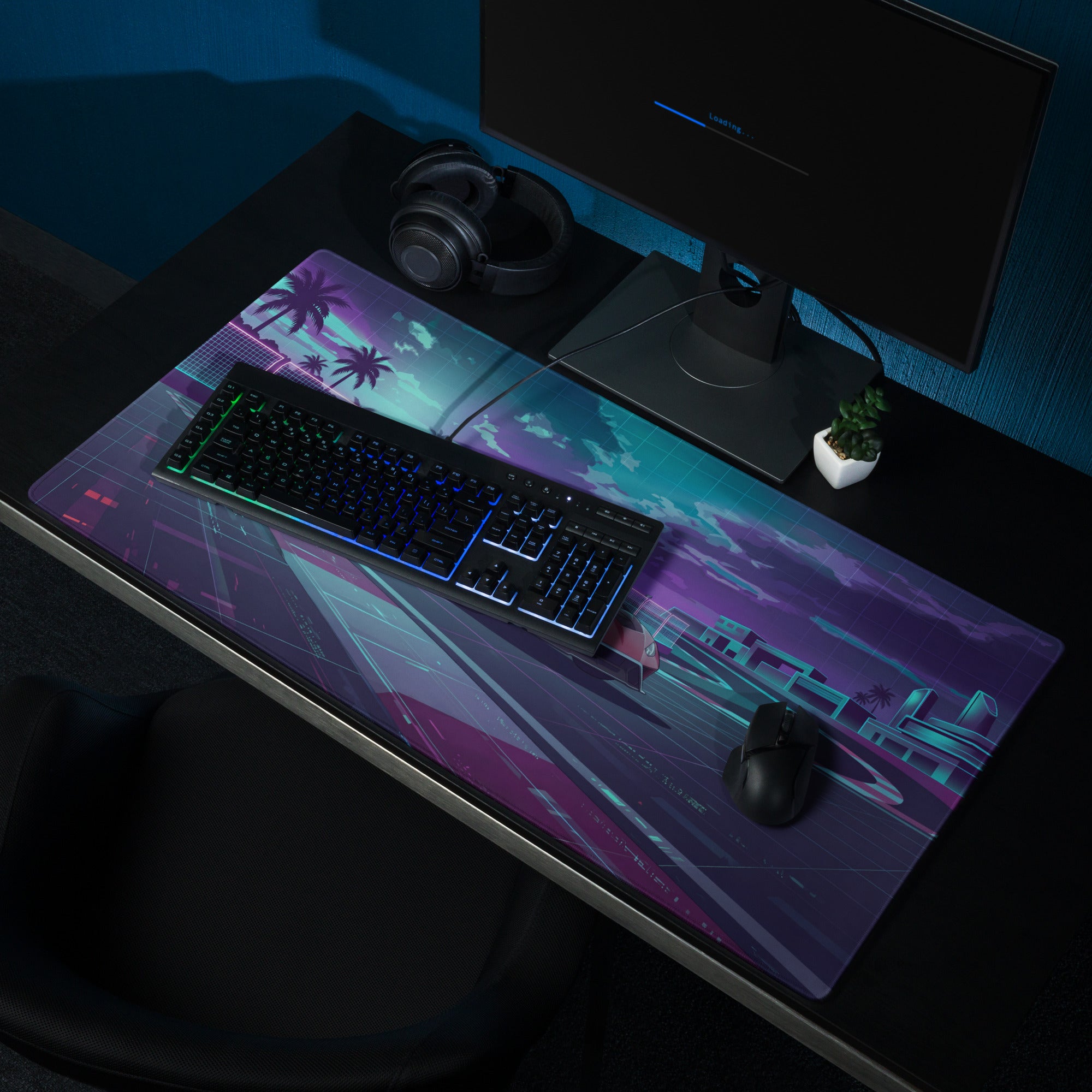 Lamborghini Huracán STO Inspired Red Purple Vaporwave Gaming Mouse Pad – Neon Futuristic Racetrack Desk Mat with Synthwave Palm Trees and Cyberpunk Art