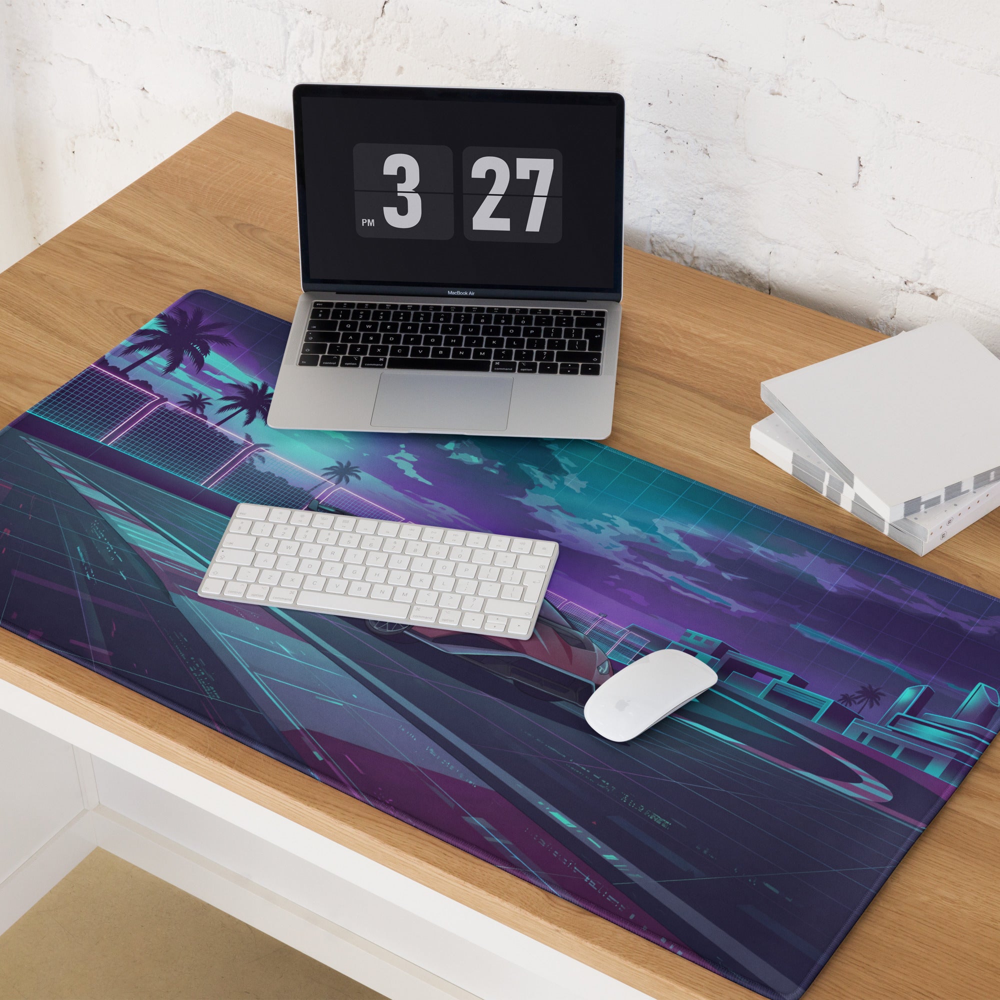 Lamborghini Huracán STO Inspired Red Purple Vaporwave Gaming Mouse Pad – Neon Futuristic Racetrack Desk Mat with Synthwave Palm Trees and Cyberpunk Art