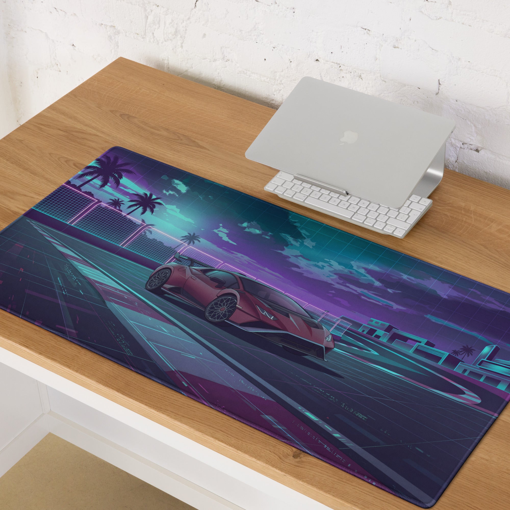 Lamborghini Huracán STO Inspired Red Purple Vaporwave Gaming Mouse Pad – Neon Futuristic Racetrack Desk Mat with Synthwave Palm Trees and Cyberpunk Art