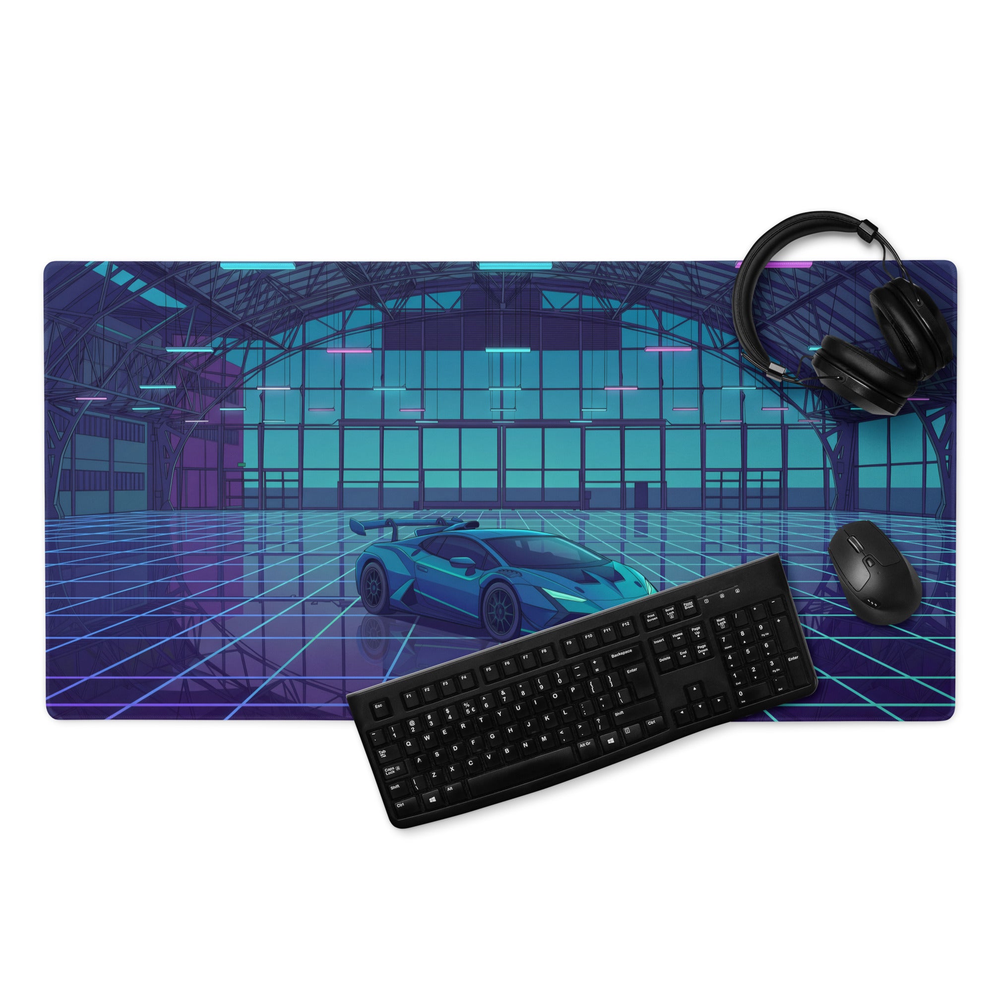 Lamborghini Huracán STO Inspired Teal Blue Vaporwave Gaming Mouse Pad – Neon Futuristic Hangar Desk Mat with Cyberpunk Grid and Synthwave Racing Art