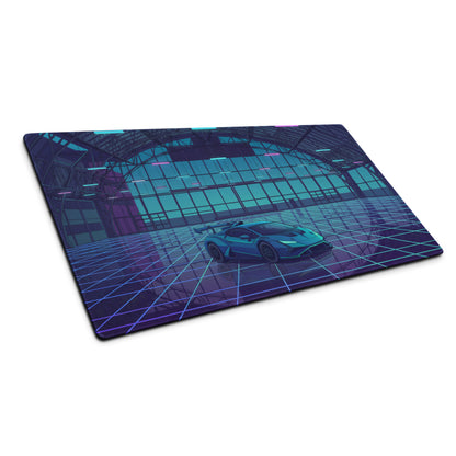 Lamborghini Huracán STO Inspired Teal Blue Vaporwave Gaming Mouse Pad – Neon Futuristic Hangar Desk Mat with Cyberpunk Grid and Synthwave Racing Art