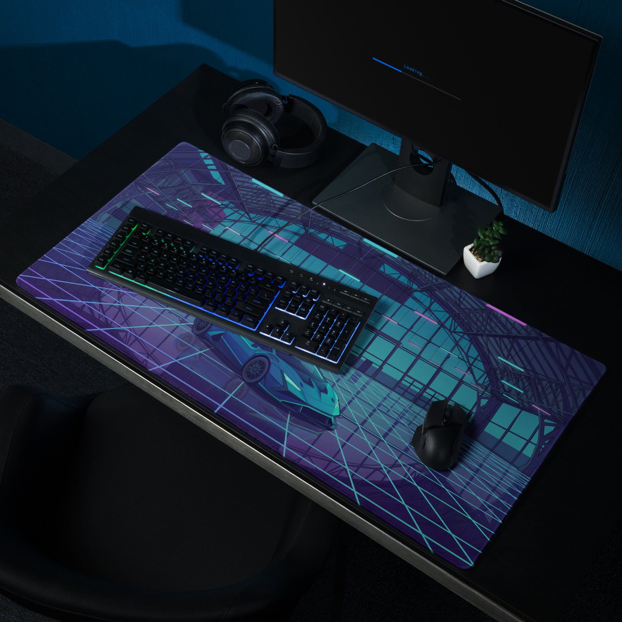 Lamborghini Huracán STO Inspired Teal Blue Vaporwave Gaming Mouse Pad – Neon Futuristic Hangar Desk Mat with Cyberpunk Grid and Synthwave Racing Art