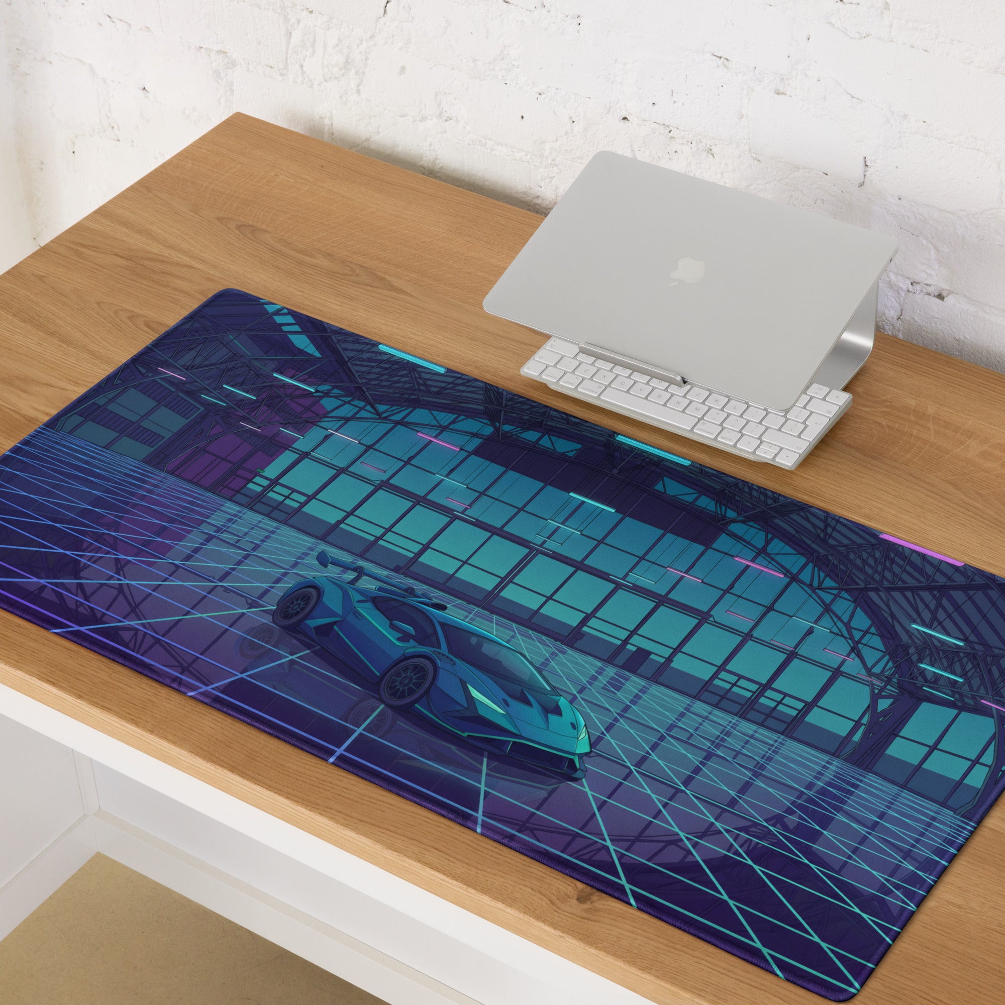 Lamborghini Huracán STO Inspired Teal Blue Vaporwave Gaming Mouse Pad – Neon Futuristic Hangar Desk Mat with Cyberpunk Grid and Synthwave Racing Art
