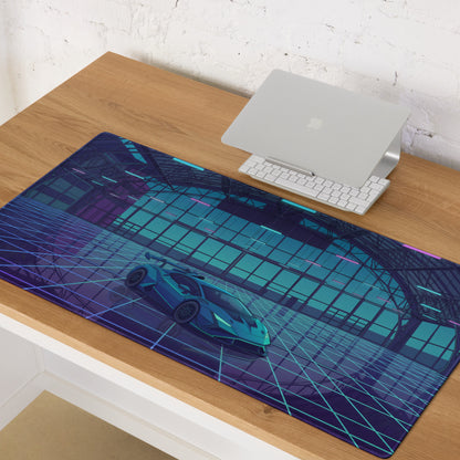 Lamborghini Huracán STO Inspired Teal Blue Vaporwave Gaming Mouse Pad – Neon Futuristic Hangar Desk Mat with Cyberpunk Grid and Synthwave Racing Art