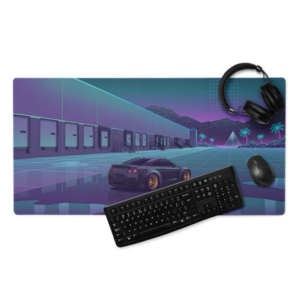 Nissan GT-R R35 Inspired Black Gold Vaporwave Gaming Mouse Pad – Neon Purple Industrial Warehouse Desk Mat with Synthwave Moon and JDM Street Art
