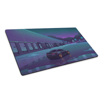 Nissan GT-R R35 Inspired Black Gold Vaporwave Gaming Mouse Pad – Neon Purple Industrial Warehouse Desk Mat with Synthwave Moon and JDM Street Art