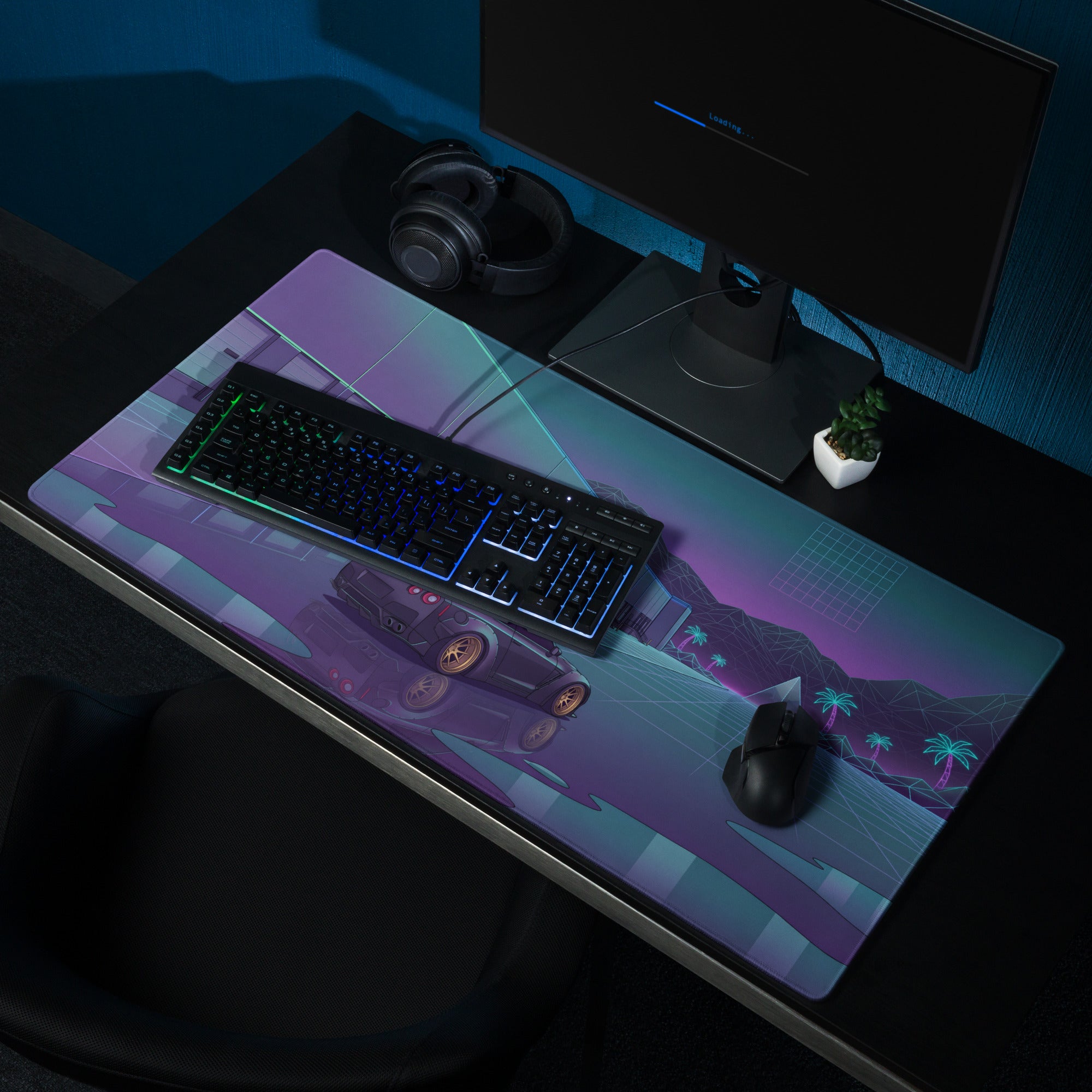 Nissan GT-R R35 Inspired Black Gold Vaporwave Gaming Mouse Pad – Neon Purple Industrial Warehouse Desk Mat with Synthwave Moon and JDM Street Art