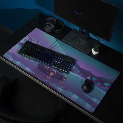 Nissan GT-R R35 Inspired Black Gold Vaporwave Gaming Mouse Pad – Neon Purple Industrial Warehouse Desk Mat with Synthwave Moon and JDM Street Art