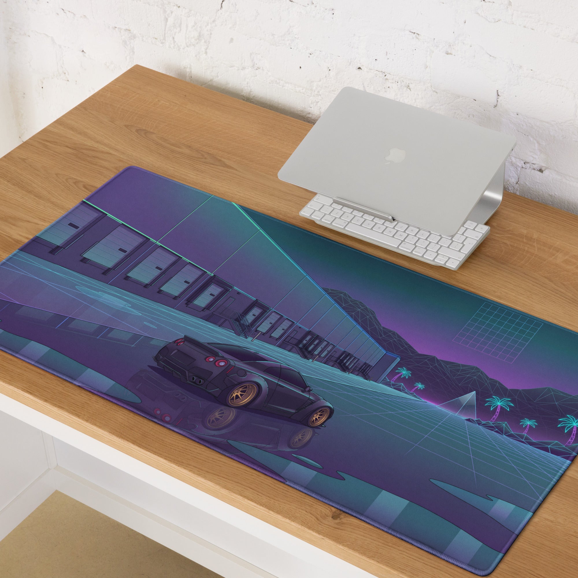 Nissan GT-R R35 Inspired Black Gold Vaporwave Gaming Mouse Pad – Neon Purple Industrial Warehouse Desk Mat with Synthwave Moon and JDM Street Art