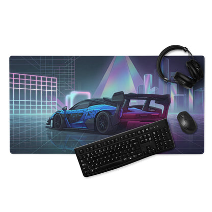 McLaren Senna GTR Inspired Blue Purple Vaporwave Gaming Mouse Pad – Neon Futuristic City Desk Mat with Cyberpunk Grid, Synthwave Art and Racing Style