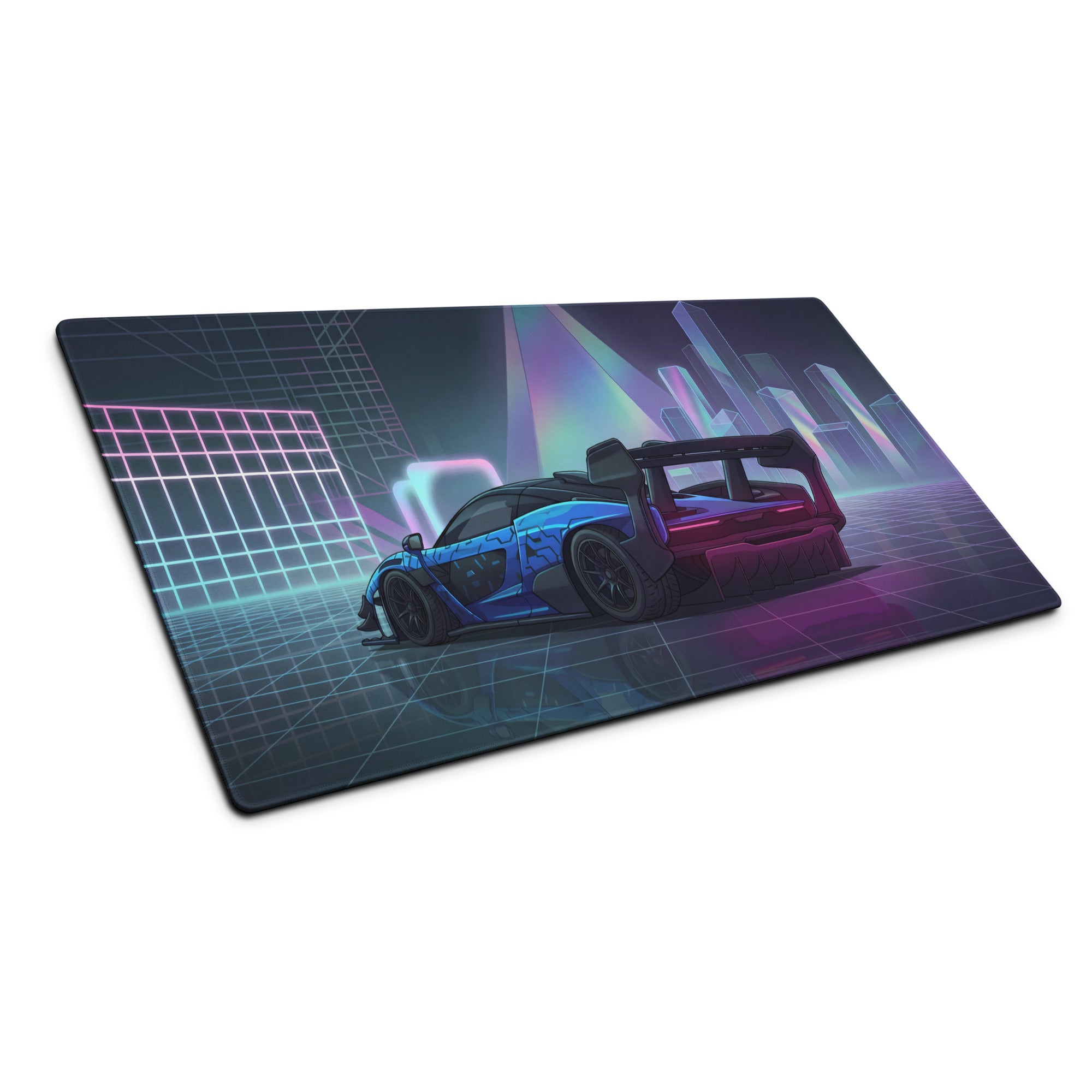 McLaren Senna GTR Inspired Blue Purple Vaporwave Gaming Mouse Pad – Neon Futuristic City Desk Mat with Cyberpunk Grid, Synthwave Art and Racing Style