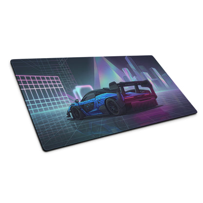 McLaren Senna GTR Inspired Blue Purple Vaporwave Gaming Mouse Pad – Neon Futuristic City Desk Mat with Cyberpunk Grid, Synthwave Art and Racing Style