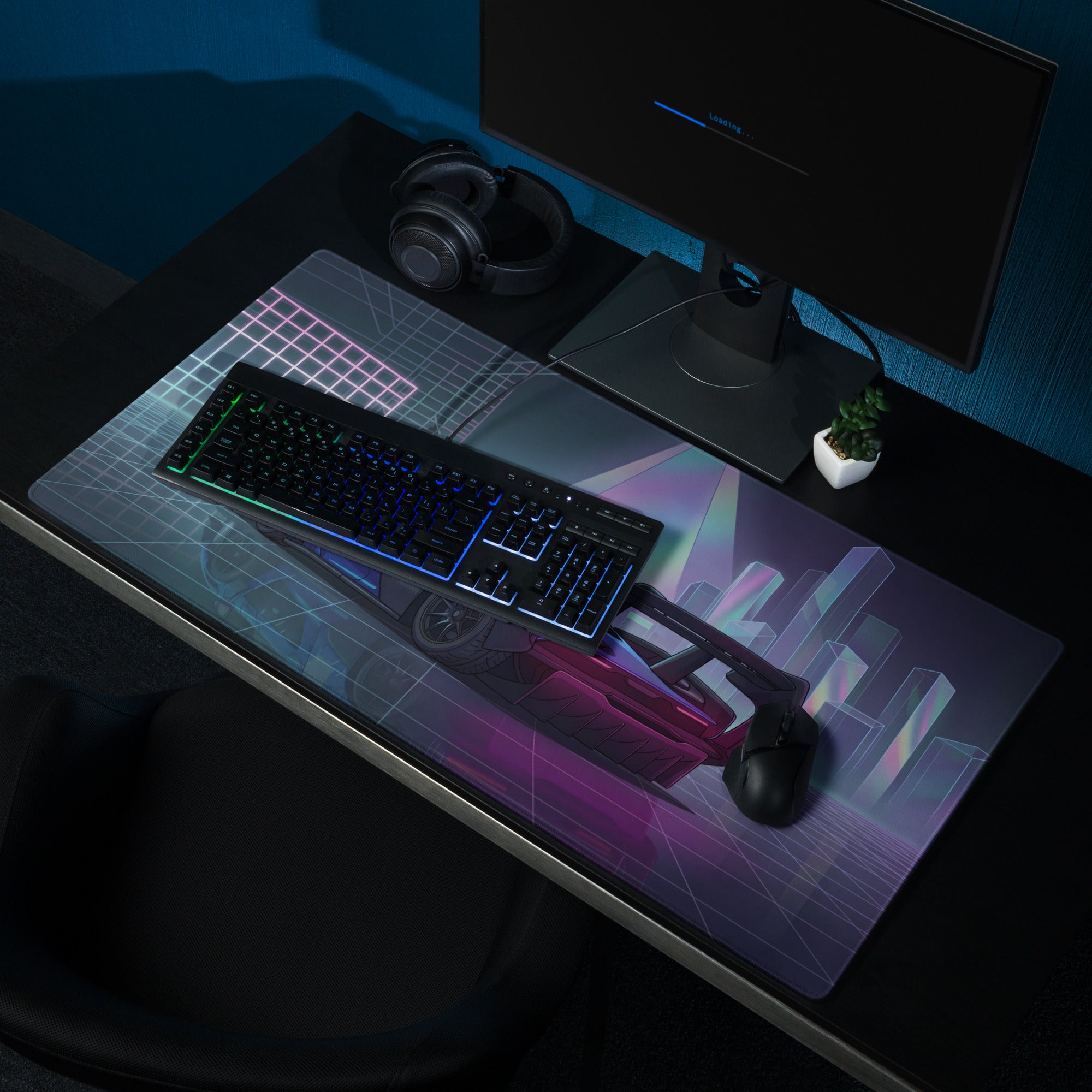 McLaren Senna GTR Inspired Blue Purple Vaporwave Gaming Mouse Pad – Neon Futuristic City Desk Mat with Cyberpunk Grid, Synthwave Art and Racing Style