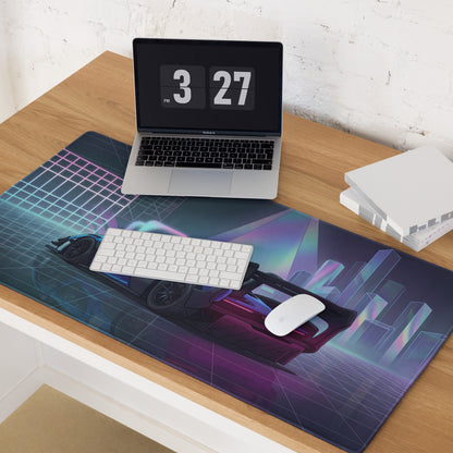 McLaren Senna GTR Inspired Blue Purple Vaporwave Gaming Mouse Pad – Neon Futuristic City Desk Mat with Cyberpunk Grid, Synthwave Art and Racing Style