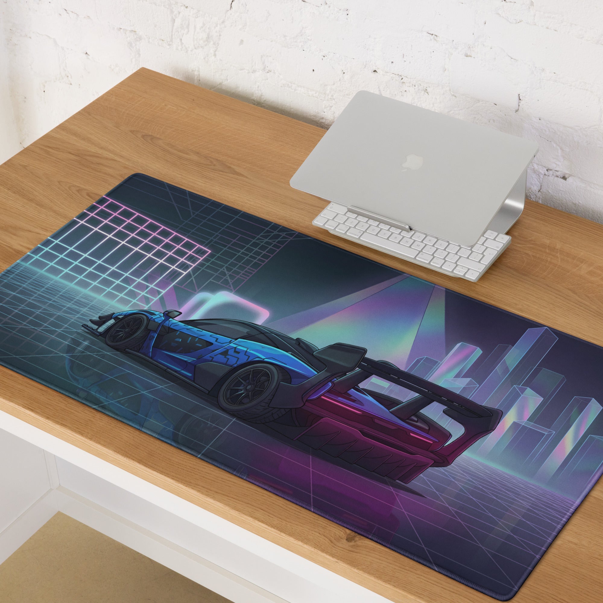 McLaren Senna GTR Inspired Blue Purple Vaporwave Gaming Mouse Pad – Neon Futuristic City Desk Mat with Cyberpunk Grid, Synthwave Art and Racing Style
