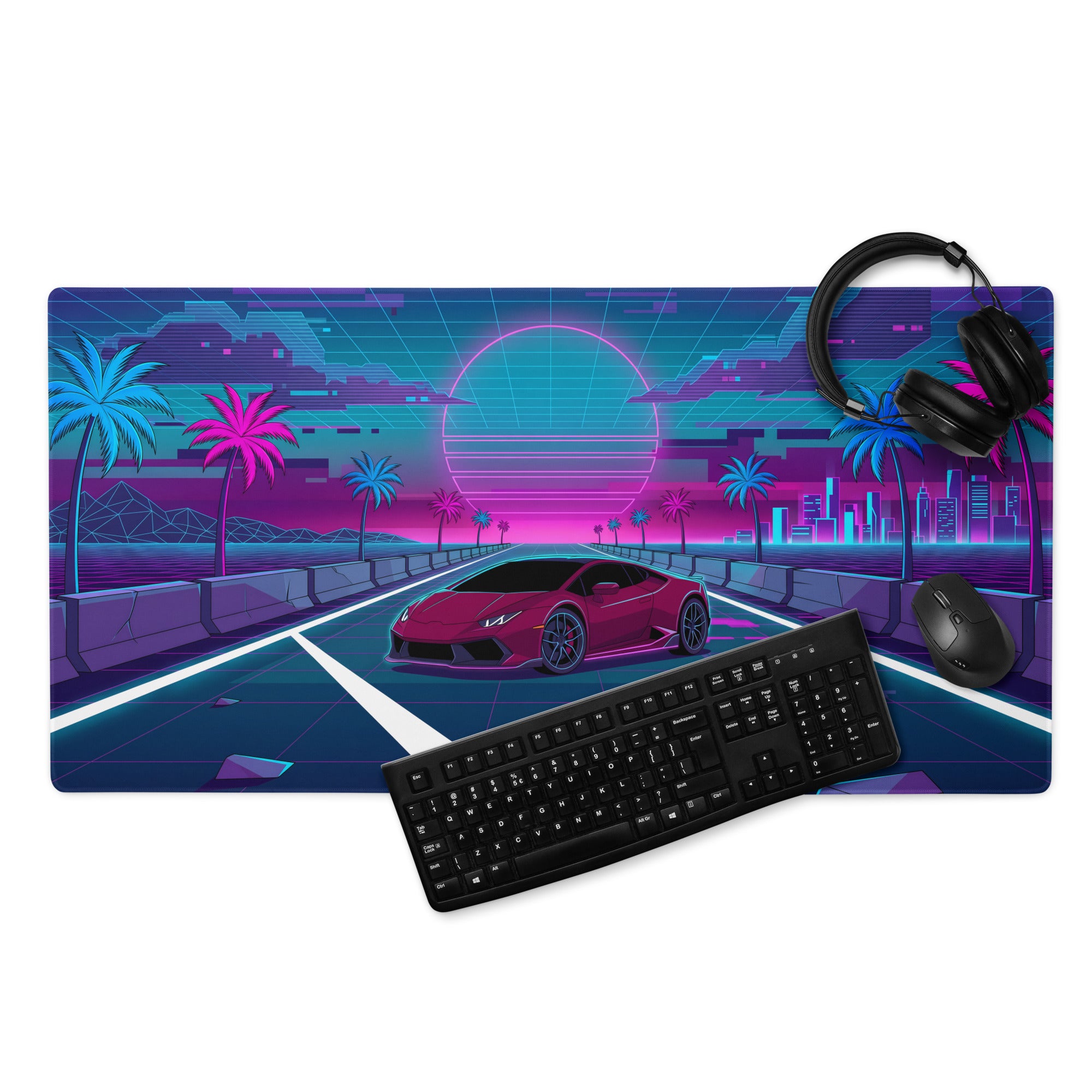 Lamborghini Huracán Inspired Red Pink Vaporwave Gaming Mouse Pad – Neon Synthwave Highway Desk Mat with Palm Trees, Retro Sunset and Cyberpunk City Art