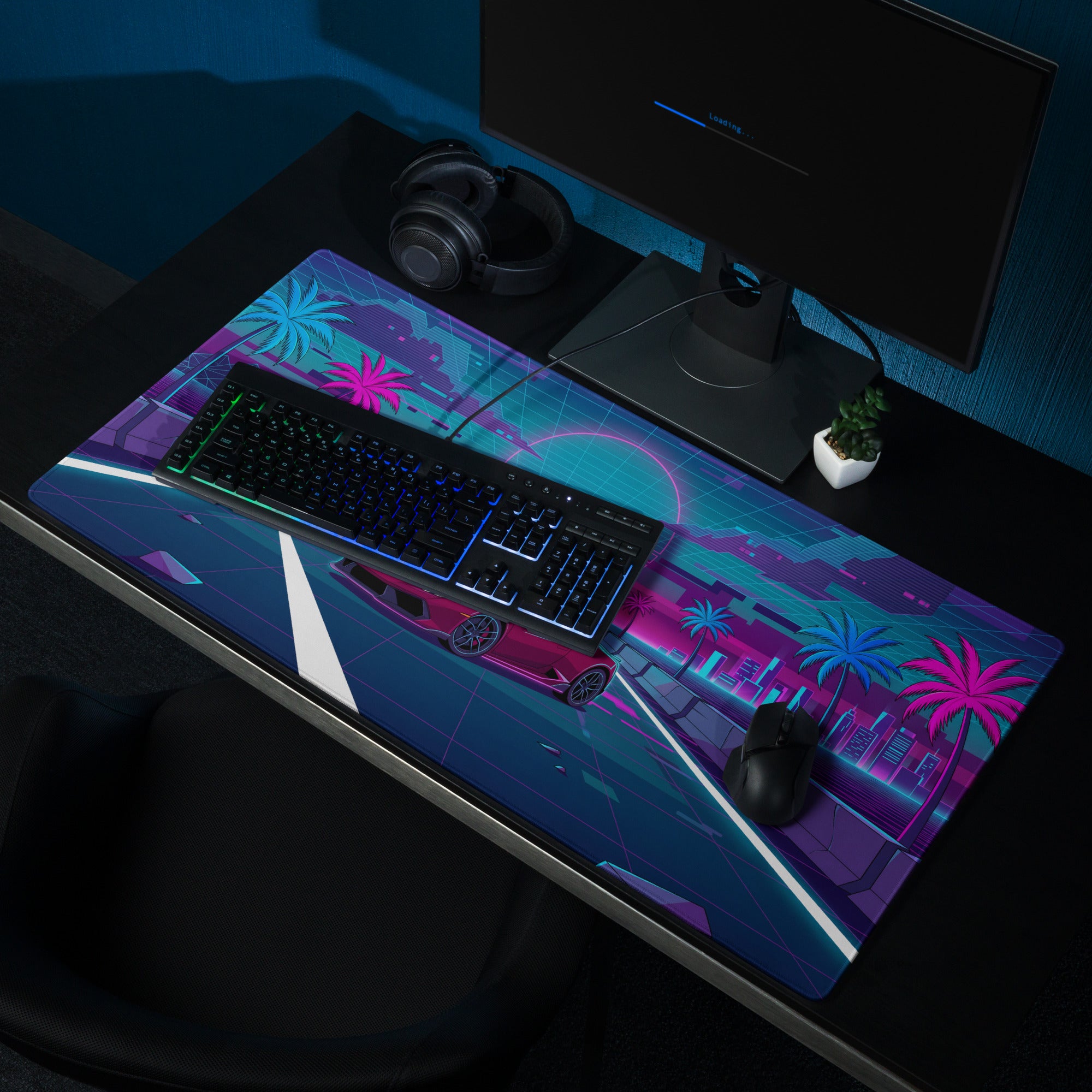 Lamborghini Huracán Inspired Red Pink Vaporwave Gaming Mouse Pad – Neon Synthwave Highway Desk Mat with Palm Trees, Retro Sunset and Cyberpunk City Art