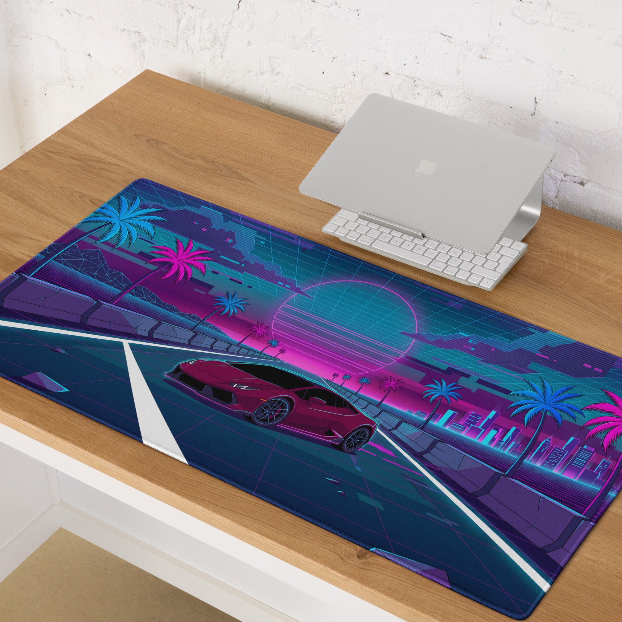 Lamborghini Huracán Inspired Red Pink Vaporwave Gaming Mouse Pad – Neon Synthwave Highway Desk Mat with Palm Trees, Retro Sunset and Cyberpunk City Art