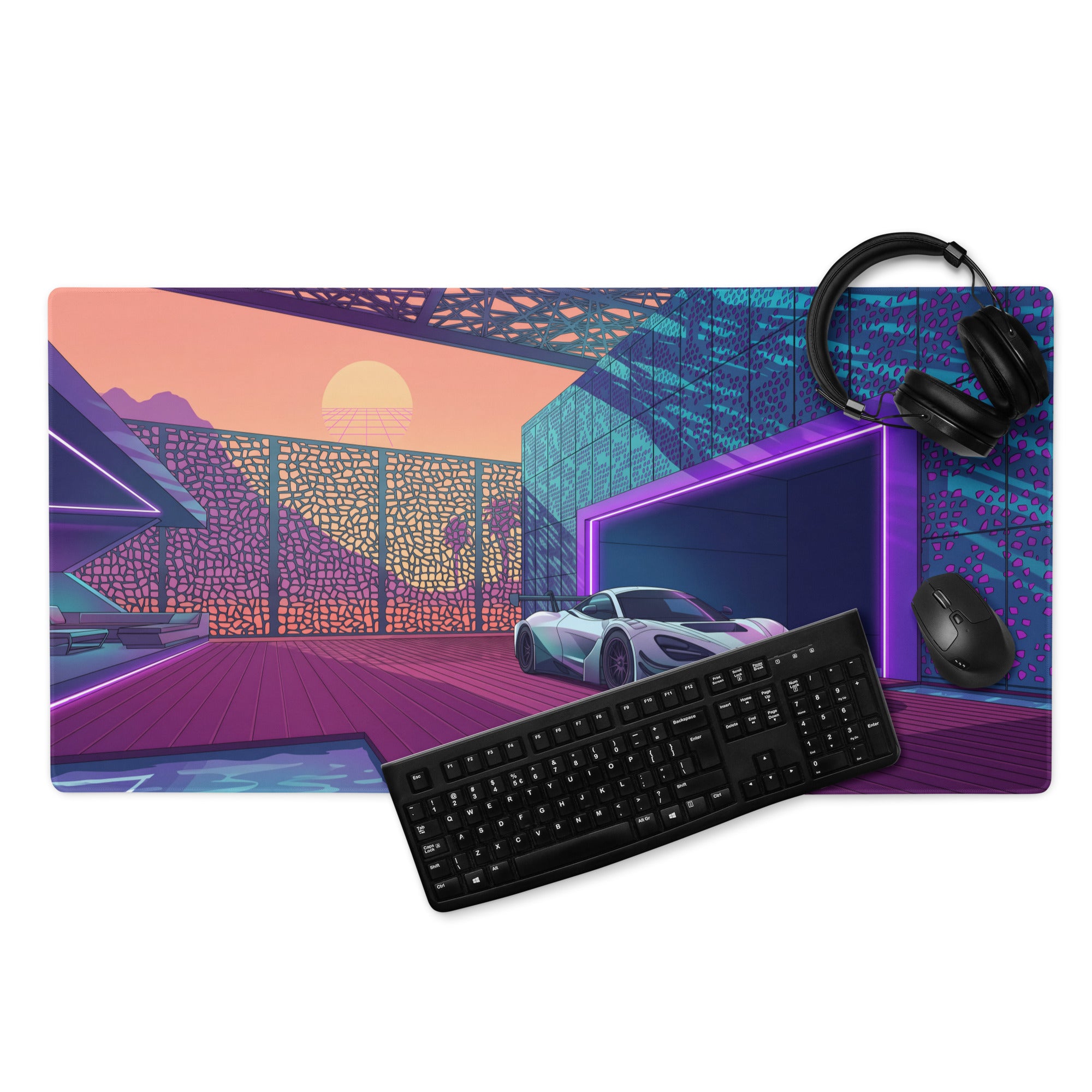 McLaren 720S GT3 Inspired White Purple Vaporwave Gaming Mouse Pad – Neon Sunset Supercar Garage Desk Mat with Retro Futuristic Motorsport Anime Art