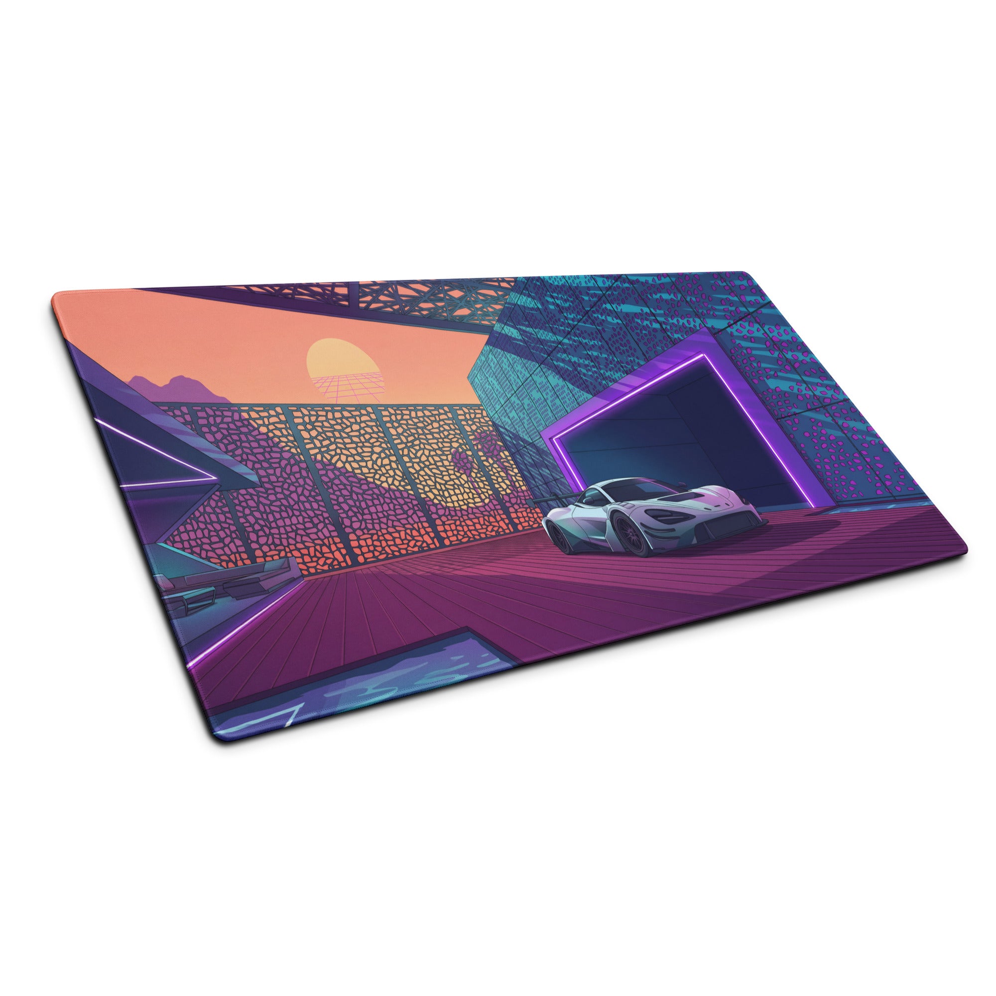 McLaren 720S GT3 Inspired White Purple Vaporwave Gaming Mouse Pad – Neon Sunset Supercar Garage Desk Mat with Retro Futuristic Motorsport Anime Art