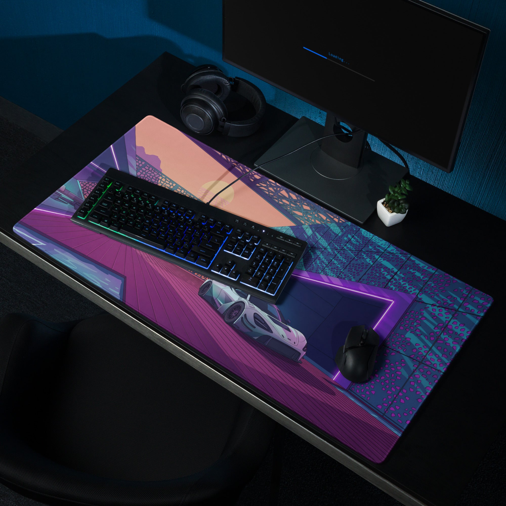 McLaren 720S GT3 Inspired White Purple Vaporwave Gaming Mouse Pad – Neon Sunset Supercar Garage Desk Mat with Retro Futuristic Motorsport Anime Art