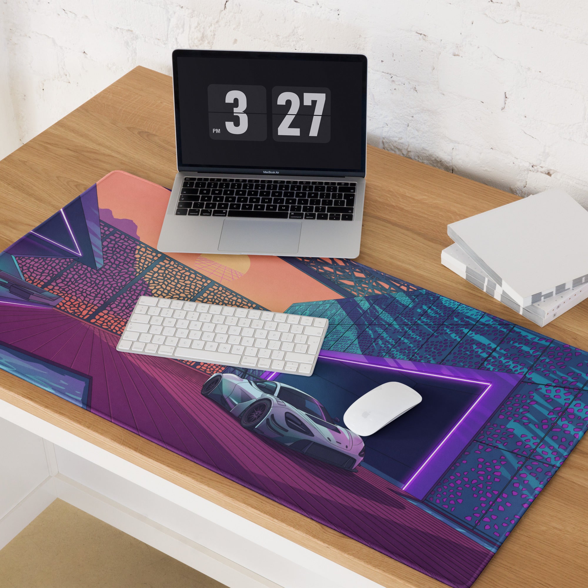 McLaren 720S GT3 Inspired White Purple Vaporwave Gaming Mouse Pad – Neon Sunset Supercar Garage Desk Mat with Retro Futuristic Motorsport Anime Art