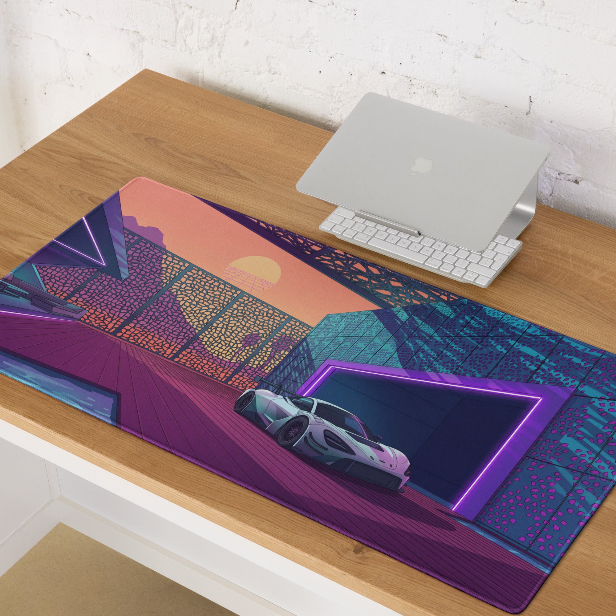 McLaren 720S GT3 Inspired White Purple Vaporwave Gaming Mouse Pad – Neon Sunset Supercar Garage Desk Mat with Retro Futuristic Motorsport Anime Art