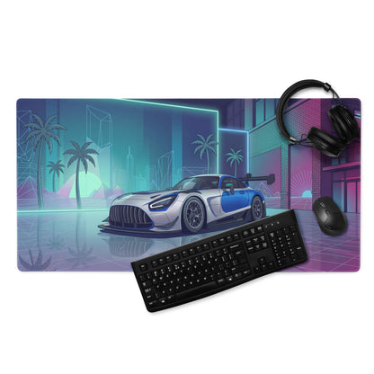 Mercedes-AMG GT3 Inspired Silver Blue Vaporwave Gaming Mouse Pad – Neon Futuristic Garage Desk Mat with Retro Synthwave Motorsport Anime Art