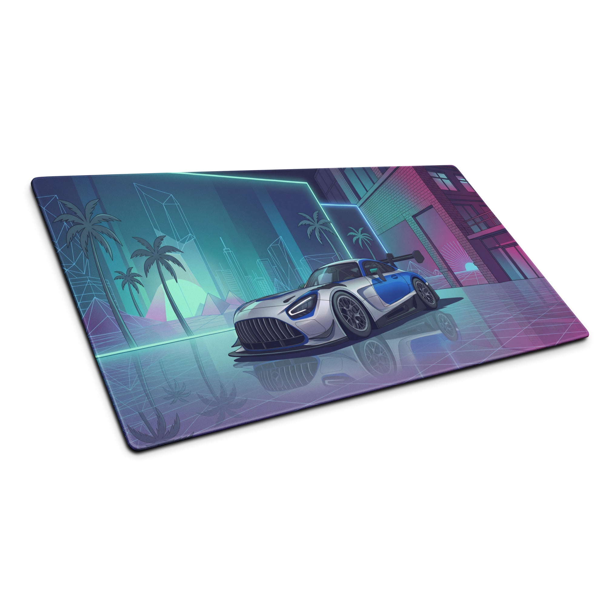 Mercedes-AMG GT3 Inspired Silver Blue Vaporwave Gaming Mouse Pad – Neon Futuristic Garage Desk Mat with Retro Synthwave Motorsport Anime Art