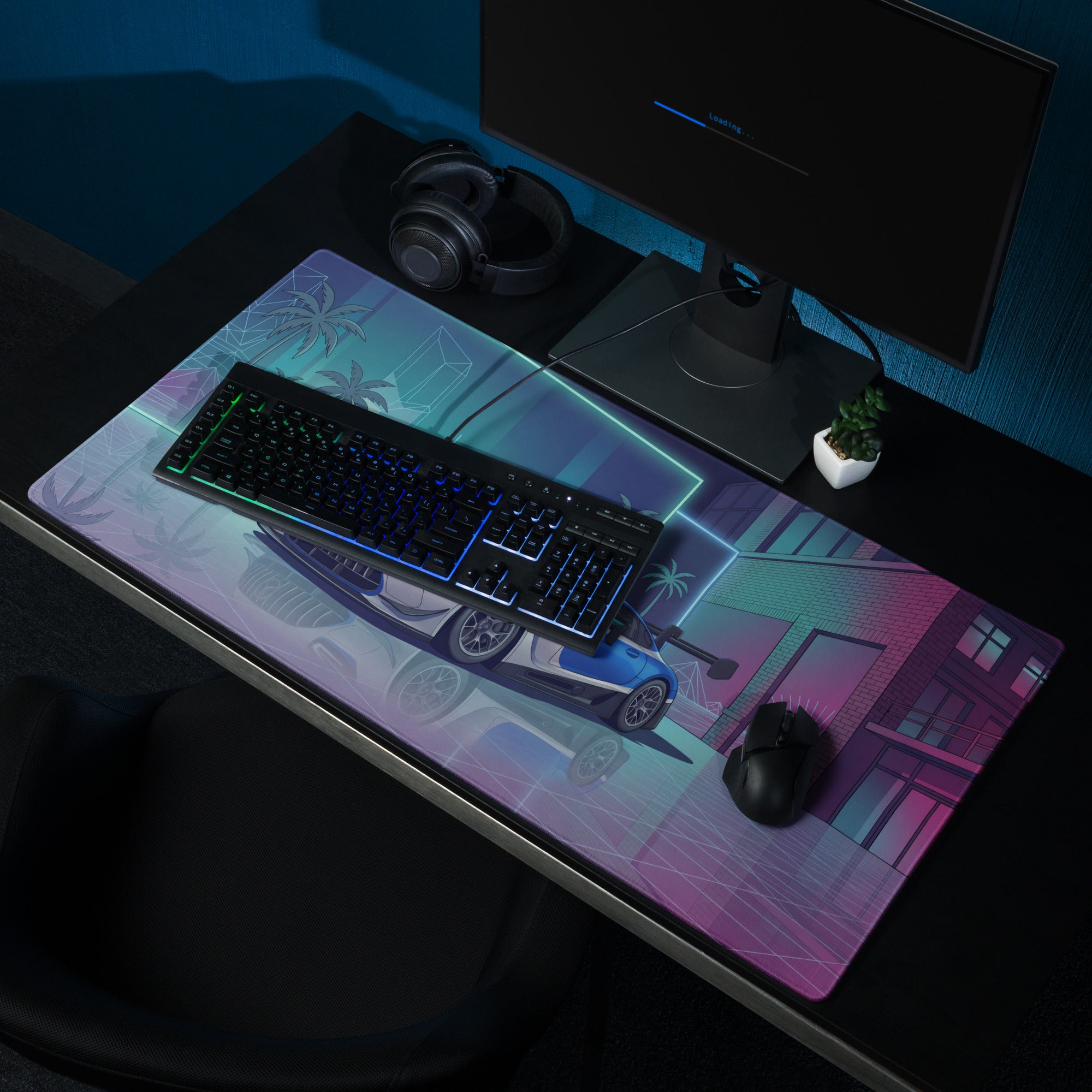 Mercedes-AMG GT3 Inspired Silver Blue Vaporwave Gaming Mouse Pad – Neon Futuristic Garage Desk Mat with Retro Synthwave Motorsport Anime Art