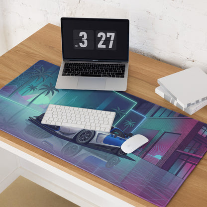 Mercedes-AMG GT3 Inspired Silver Blue Vaporwave Gaming Mouse Pad – Neon Futuristic Garage Desk Mat with Retro Synthwave Motorsport Anime Art
