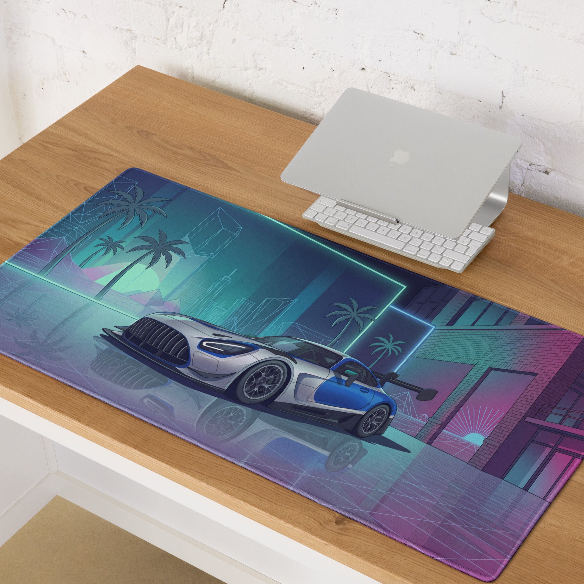 Mercedes-AMG GT3 Inspired Silver Blue Vaporwave Gaming Mouse Pad – Neon Futuristic Garage Desk Mat with Retro Synthwave Motorsport Anime Art