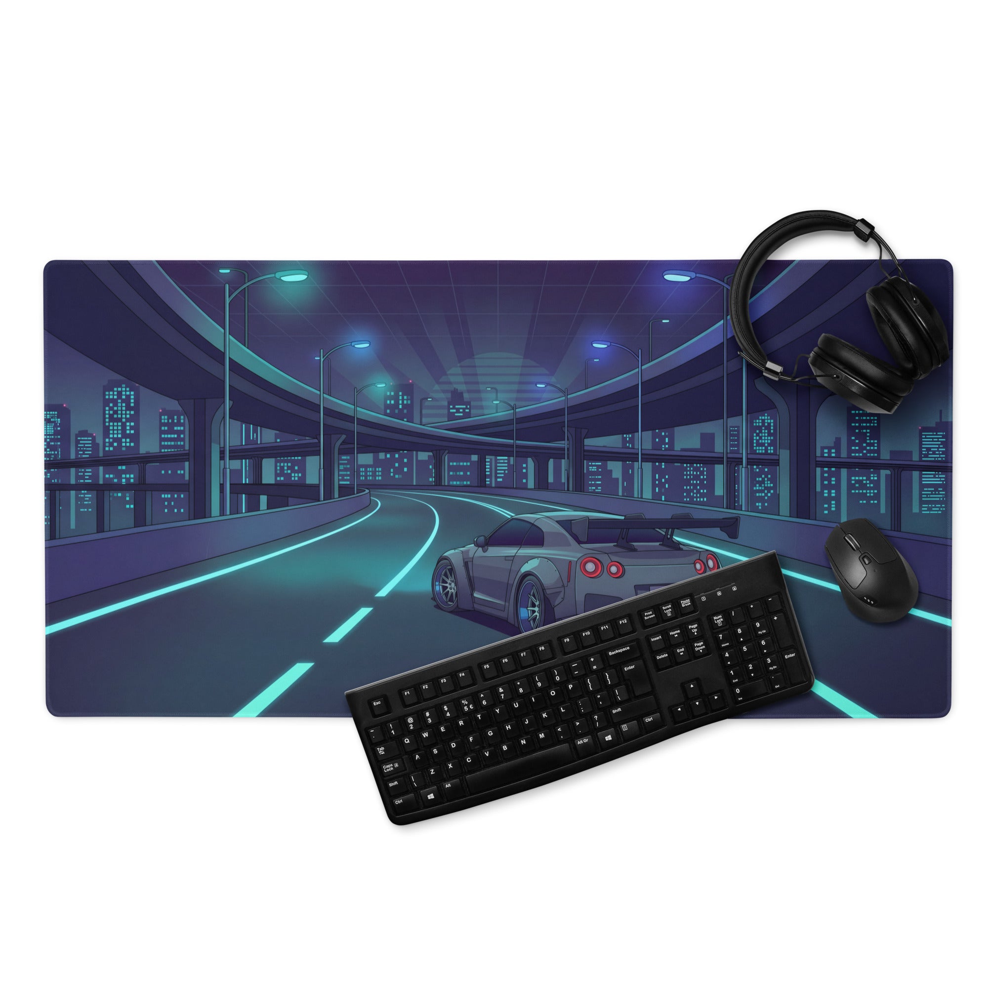 Nissan GT-R R35 Inspired Gray Cyan Vaporwave Gaming Mouse Pad – Neon Futuristic Highway Desk Mat with JDM Night City Anime Automotive Artwork