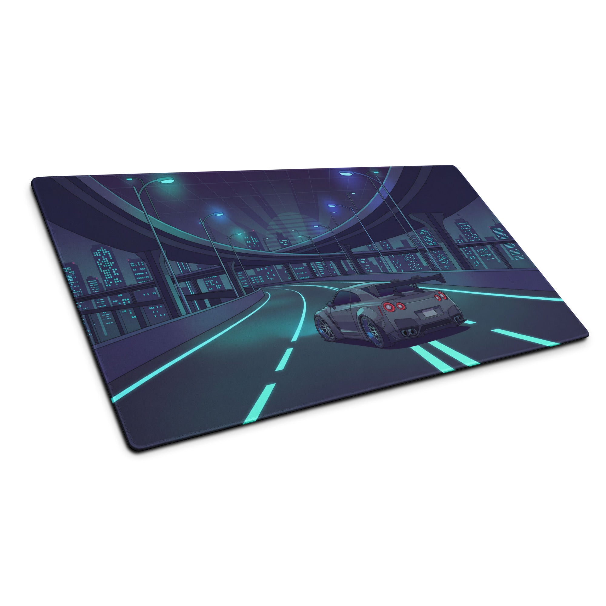 Nissan GT-R R35 Inspired Gray Cyan Vaporwave Gaming Mouse Pad – Neon Futuristic Highway Desk Mat with JDM Night City Anime Automotive Artwork