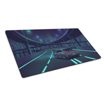Nissan GT-R R35 Inspired Gray Cyan Vaporwave Gaming Mouse Pad – Neon Futuristic Highway Desk Mat with JDM Night City Anime Automotive Artwork