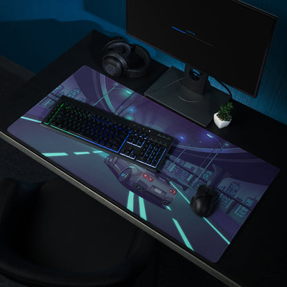Nissan GT-R R35 Inspired Gray Cyan Vaporwave Gaming Mouse Pad – Neon Futuristic Highway Desk Mat with JDM Night City Anime Automotive Artwork