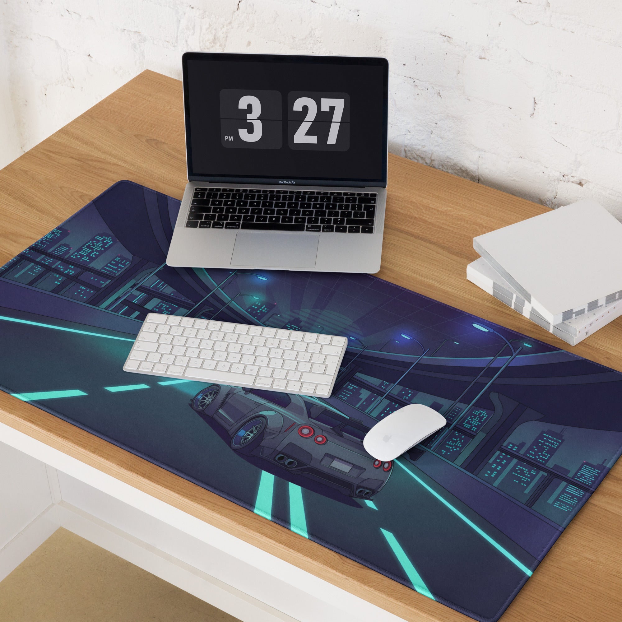 Nissan GT-R R35 Inspired Gray Cyan Vaporwave Gaming Mouse Pad – Neon Futuristic Highway Desk Mat with JDM Night City Anime Automotive Artwork