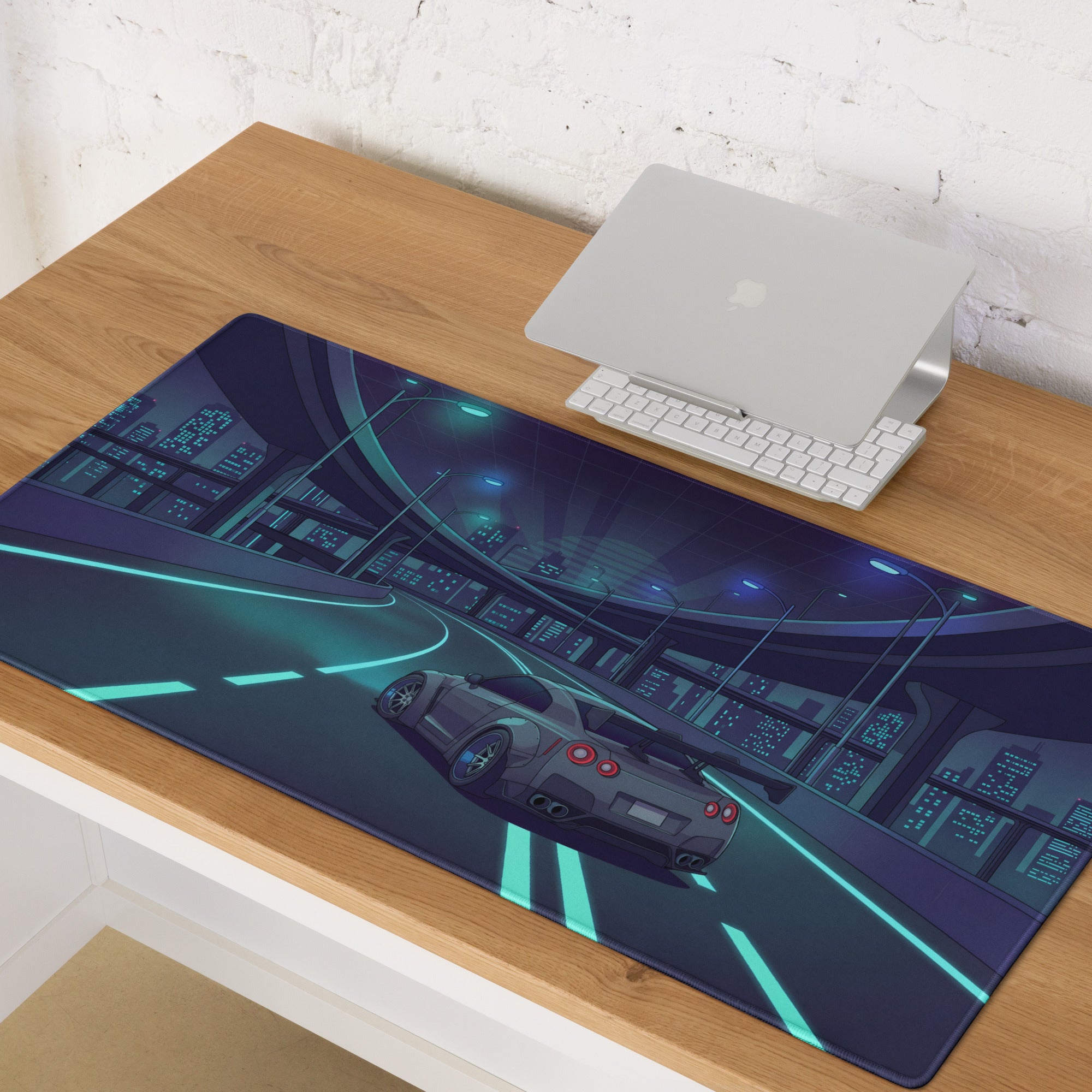 Nissan GT-R R35 Inspired Gray Cyan Vaporwave Gaming Mouse Pad – Neon Futuristic Highway Desk Mat with JDM Night City Anime Automotive Artwork