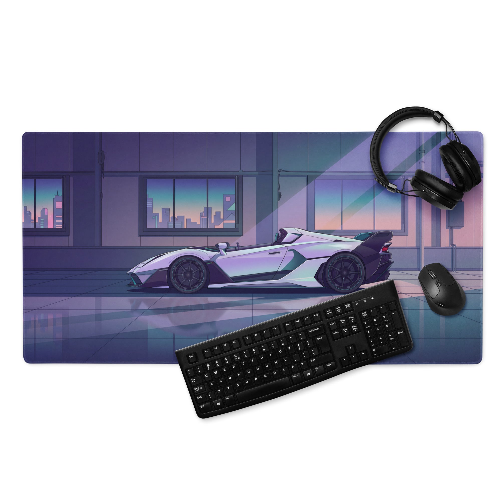 Lamborghini SC20 Inspired White Purple Vaporwave Gaming Mouse Pad – Futuristic Supercar Garage Desk Mat with Neon Anime Motorsport Artwork